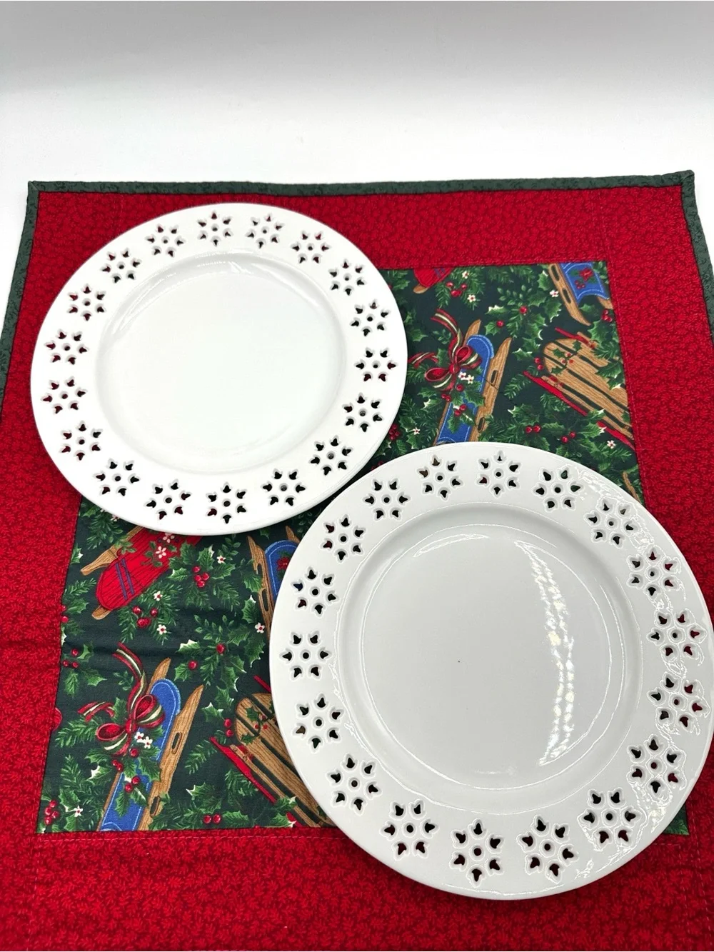 2 Crate&Barrel Snowflake Lace, Reticulated Dessert Plates. 7.75”